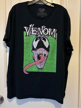 Marvel Black Venom Tee with Green Background and Pink Tongue